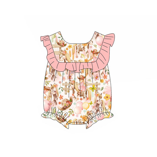 Preorder(moq 5)Baby Infant Girls Sleeveless Floral Horses Round Collar Summer Rompers