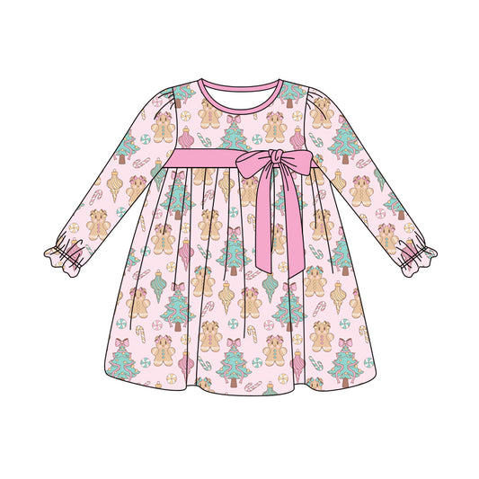 Preorder (moq 5)Baby Girls Pink Long Ruffle Sleeves Trees Gingerbread Knee Length Dresses