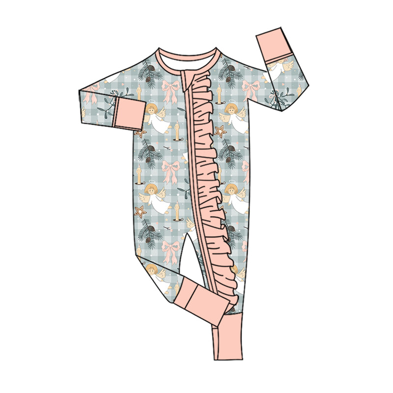 Preorder (moq 5) Baby Girls Bows Flowers Angles Two Way Ruffle Zip Convertible Romper