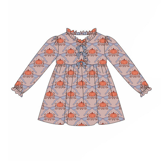 preorder(moq 5) Baby Girls Long Ruffle Sleeves Bows Pumpkins Plaid Knee Length Dresses