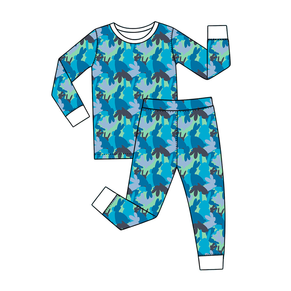 Preorder (moq 5) Baby Boy Clothes Easter Blue Camo Bunny Silhouette Mixed Print Long Sleeve Pajama Set