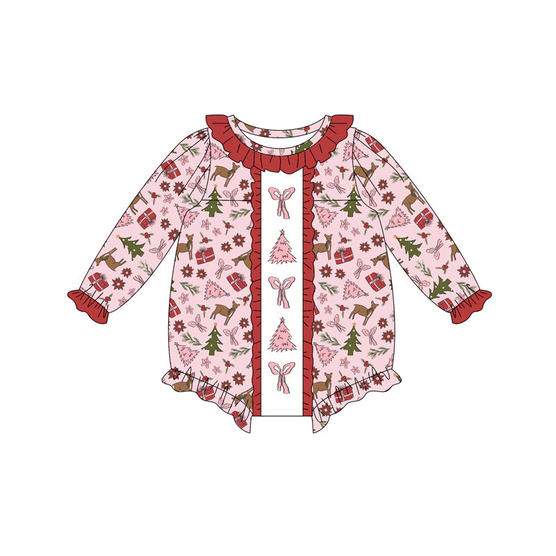 Preorder (moq 5)Baby Girls Long Sleeves Pink Bows Trees Deer Plaid Ruffle Romper