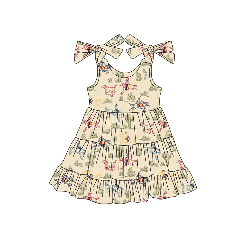 Preorder (moq 5)Baby Girls Khaki Strap Horse Rodeo Cactus Knee Length Dresses