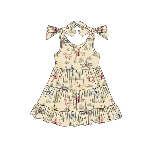 Preorder (moq 5)Baby Girls Khaki Strap Horse Rodeo Cactus Knee Length Dresses