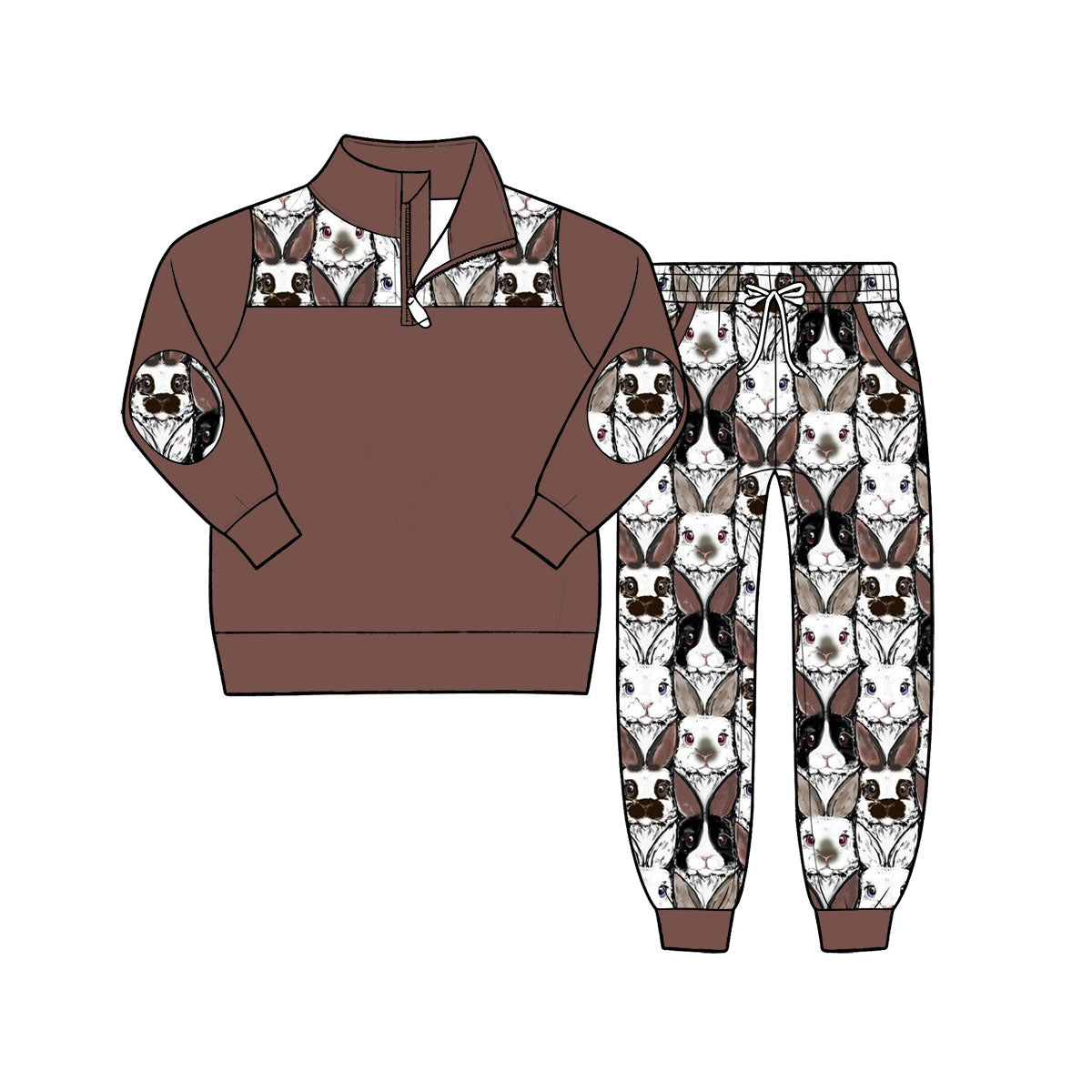 Pre-order(moq5) Boys Easter Casual 2Pcs Outfit Quarter Zip Sweatshirt Jogger Pants Set Camo Bunny Patchwork Print