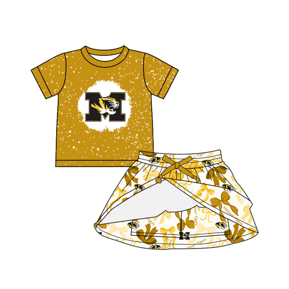 Preorder (moq 5)Baby Girls Yellow Short Sleeves M Tiger Top Bows Plaid Skorts Team Set