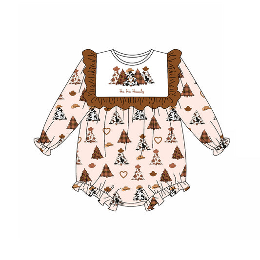 Preorder (moq 5)Baby Girls Long Sleeves Brown Hats Trees Ruffle Rompers