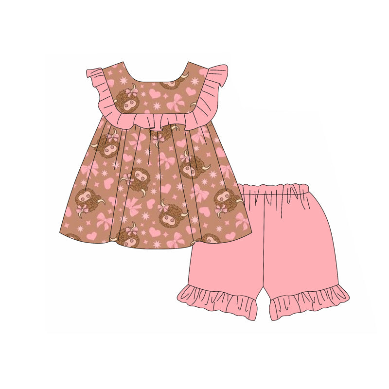 Preorder (moq 5)Baby Girls Pink Highland Cows Bows Tunic Ruffle Shorts Clothes Sets