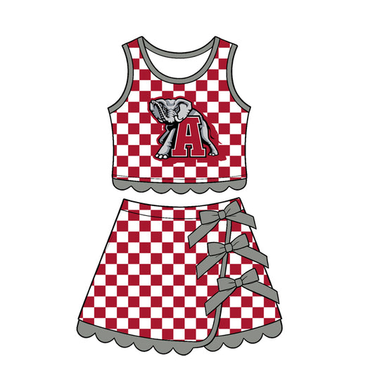 Preorder moq 5 Baby Girls Red Checked Alabama Top Bows Skirt Short Scallop Clothes Set