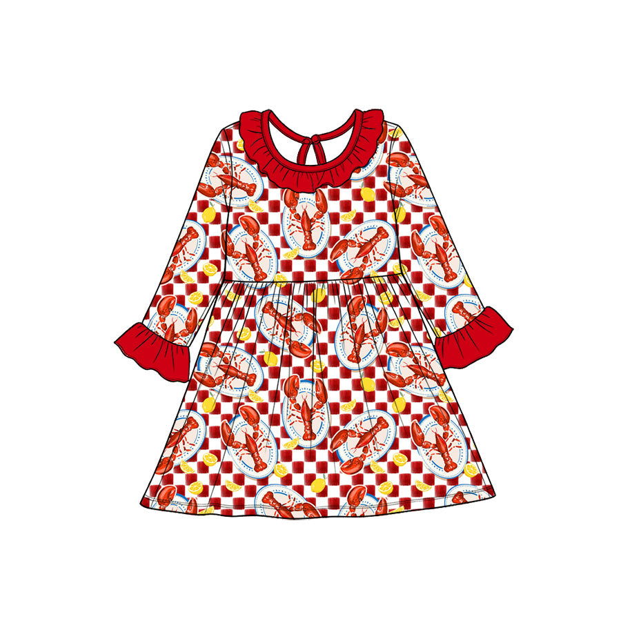 Preorder(moq5) Baby Girl Clothes Crawfish Plate Red Check Print Long Sleeve Ruffle Twirl Dress