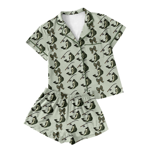 Preorder(moq 5)Adult Women Green Short Sleeves Button Pocket Fishes Top Short Pajamas Set