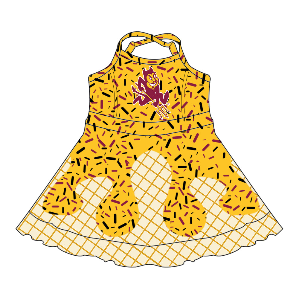 Preorder (moq 5)Baby Girls Yellow Strap Trident Drip Shorts Ruffle Team Knee Length Dresses