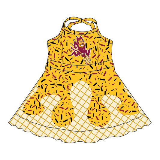 Preorder (moq 5)Baby Girls Yellow Strap Trident Drip Shorts Ruffle Team Knee Length Dresses