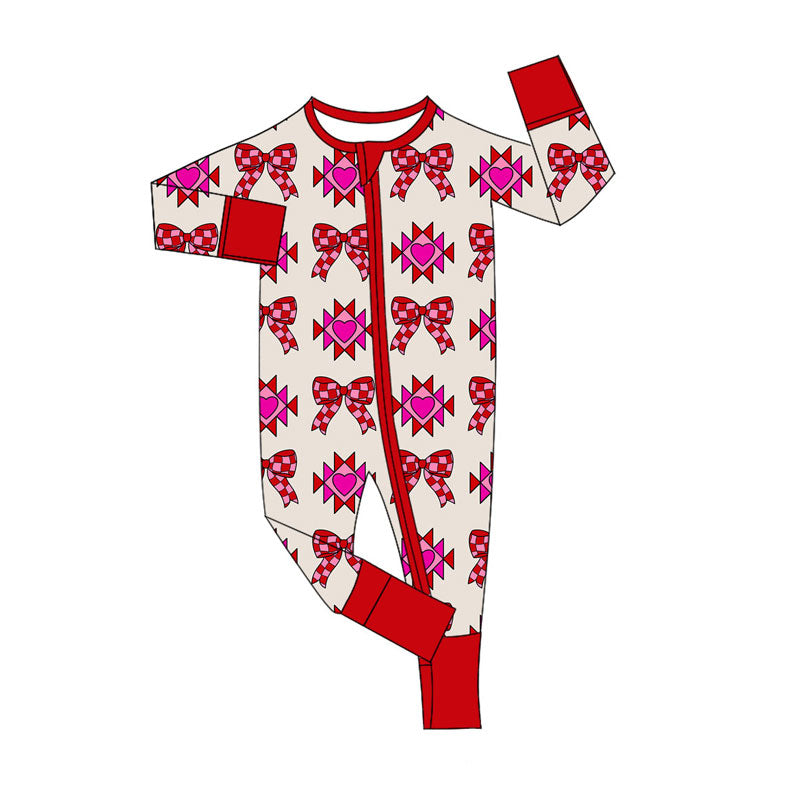 Preorder (moq 8)Baby Boys Long Sleeve Hearts Aztec Bows Zipper Footie Rompers