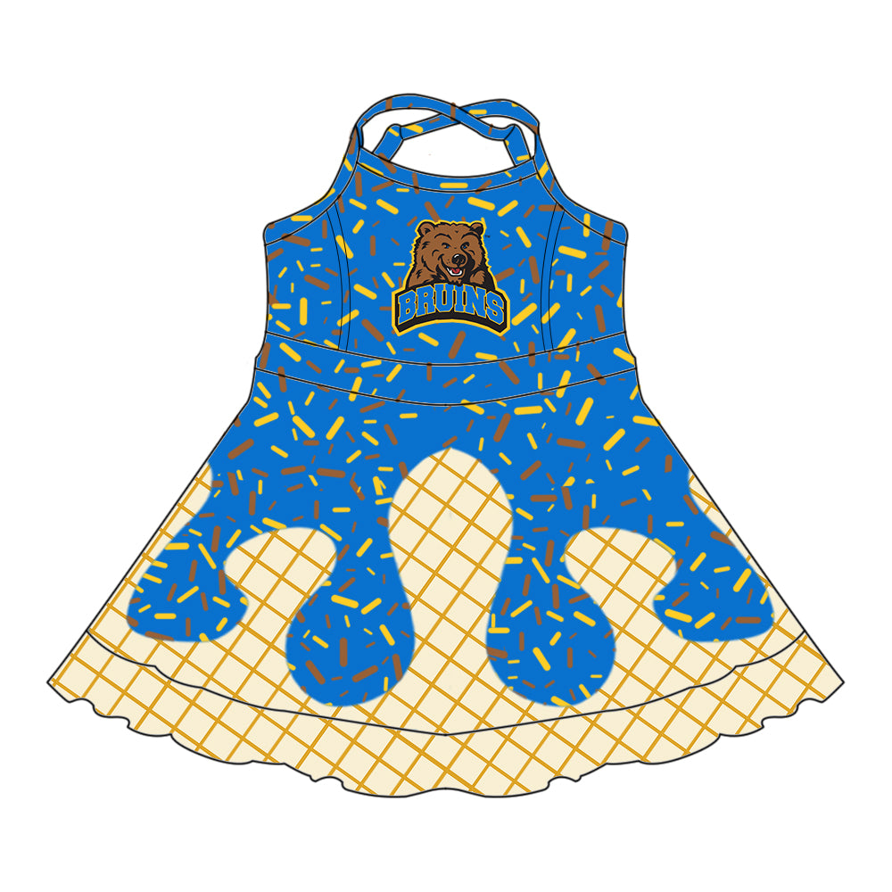 Preorder (moq 5)Baby Girls Blue Strap Bruins Drip Shorts Ruffle Team Knee Length Dresses