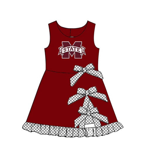 Preorder (custom moq 5)Baby Girls Sleeveless M State Short Bows Ruffle Team Knee Length Dress
