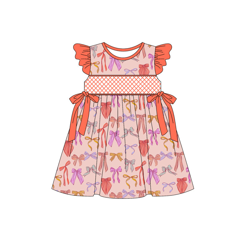 Preorder (moq 5)Baby Girls Orange Flutter Sleeves Colorful Bows Knee Length Dresses