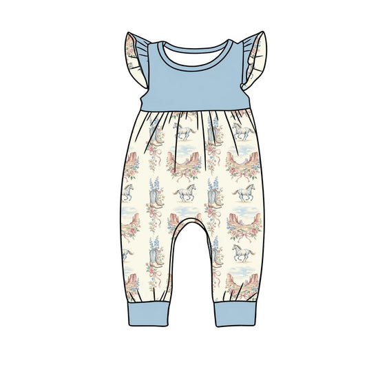 preorder(moq 5) Baby Girls Flutter Sleeve Blue Boots Horses Western Rompers