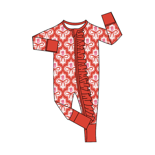 Preorder (moq 5) Baby Girl Clothes Red Bow Rose Geometric Mixed Print Long Sleeve Ruffle Zipper Romper
