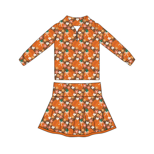 Preorder (moq 5)Baby Girls Flowers Pumpkins Zip Pullovers Pleated Skirt Short Fall Clothes Sets