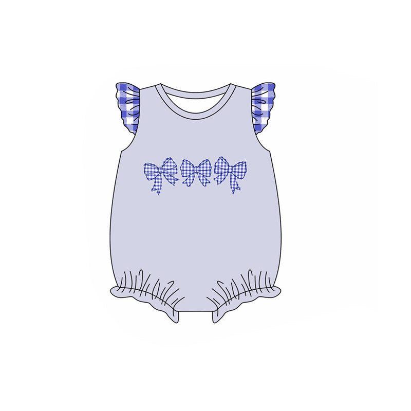 Preorder (moq 5)Baby Girls Blue Plaid Flutter Sleeves Bows Ruffle Rompers