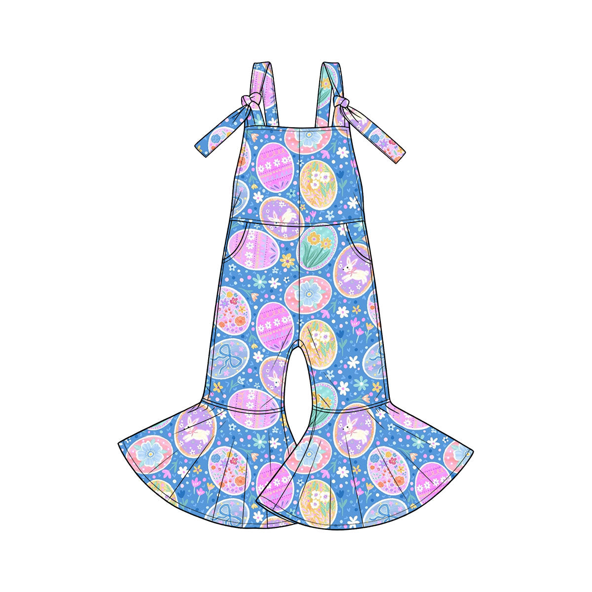 Pre-order(moq5)  |  Girls’ Spring Easter Rabbit & Blue Carrot Print Flare Jumpsuit Set | Cute Baby Girl Sisters’ Matching Outfits