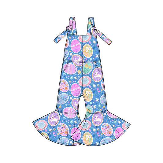 Pre-order(moq5)  |  Girls’ Spring Easter Rabbit & Blue Carrot Print Flare Jumpsuit Set | Cute Baby Girl Sisters’ Matching Outfits