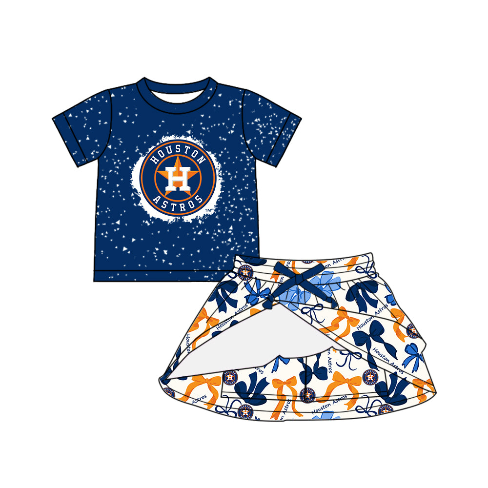 Preorder (moq 5)Baby Girls Blue Short Sleeves H Star Top Bows Plaid Skorts Team Set