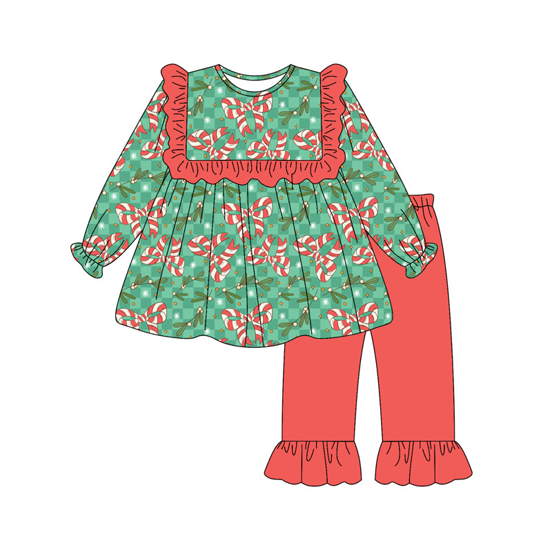 Preorder(moq 5) Baby Girls Holly Plaid Candy Cane Bows Tunic Ruffle Pants Christmas Set