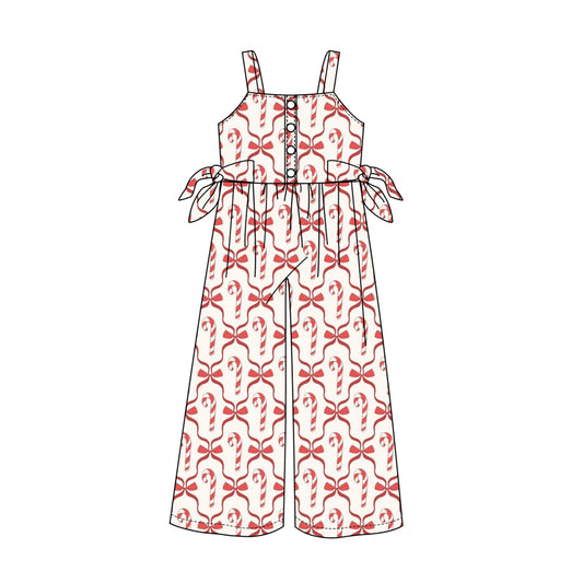 Preorder (moq 5)Baby Girls Strap Pink Bows Candy Cane Plaid Button Pant Jumpsuits