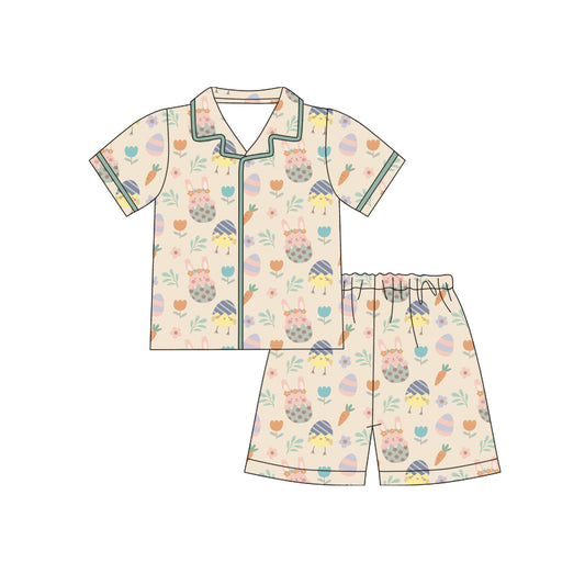 Preorder (moq 5)Baby Girls Rabbits Eggs Flowers Button Top Shorts Easter Pajamas Sets