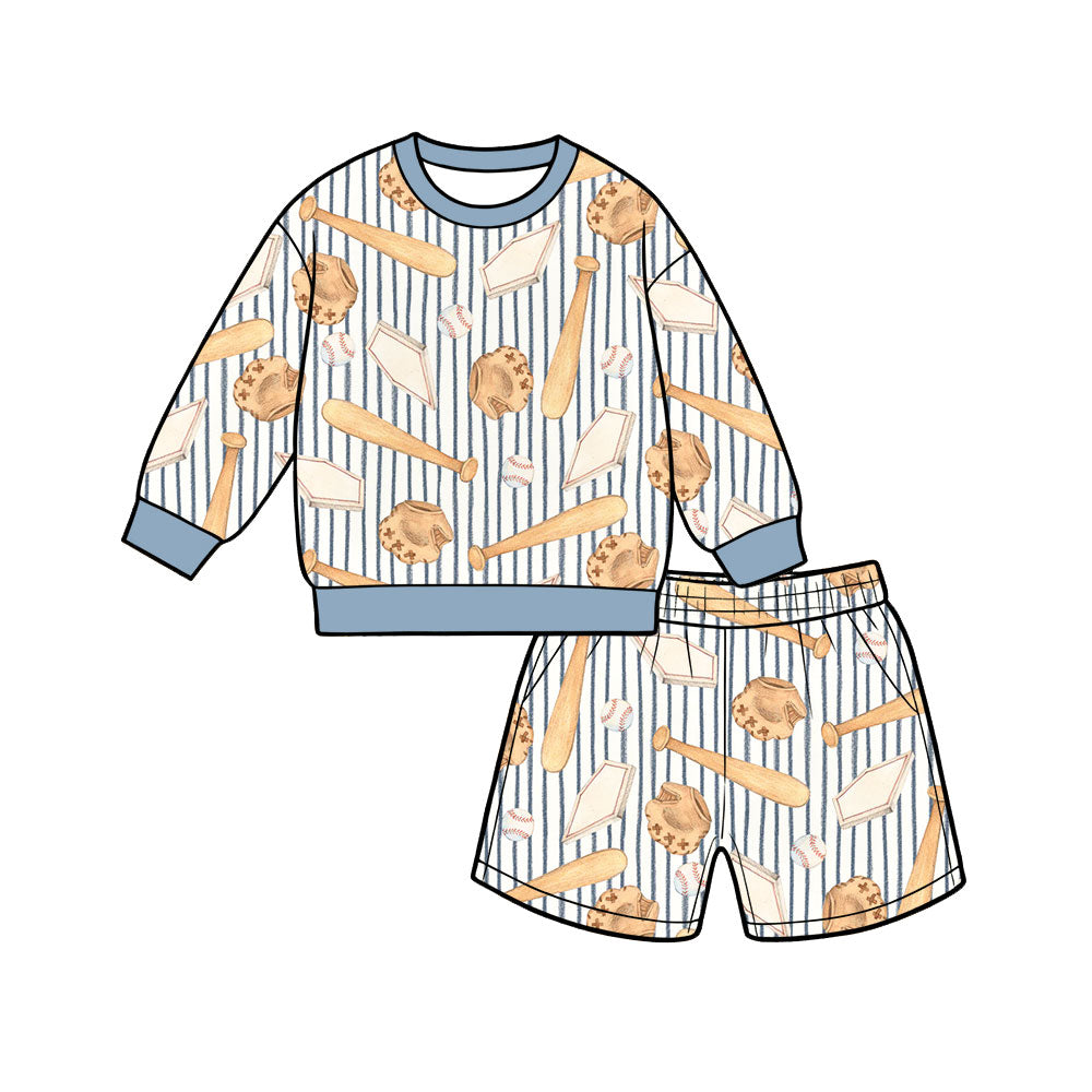 Preorder (moq 5) Baby Boy Clothes Baseball Glove Bat Stripe Print Long Sleeve Top Shorts Outfit Set