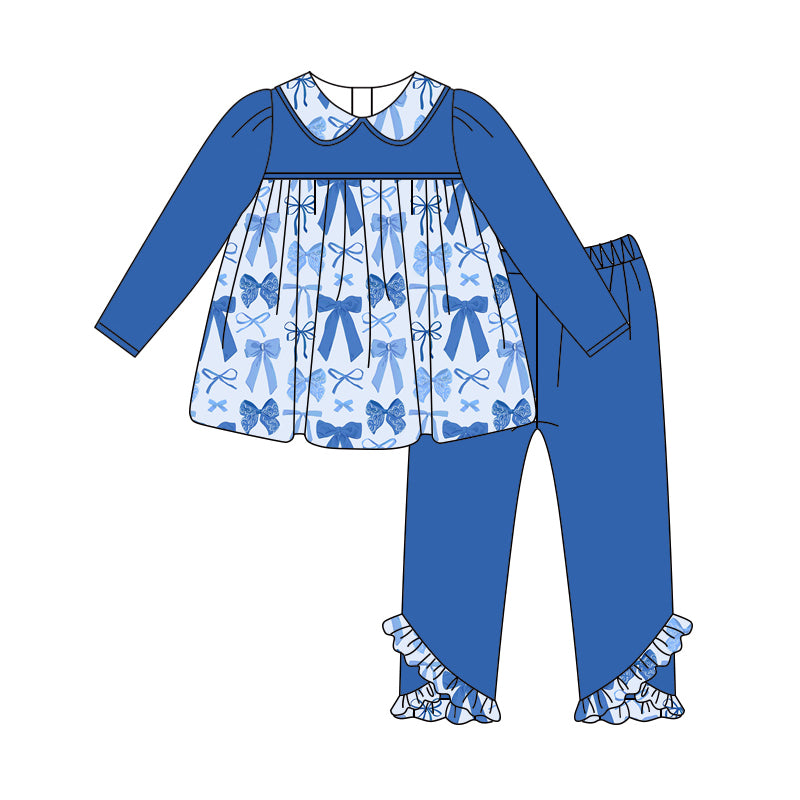 Preorder (moq 5)Baby Girls Hot Blue Long Sleeves Bows Plaid Tunic Legging Ruffle Pant Set