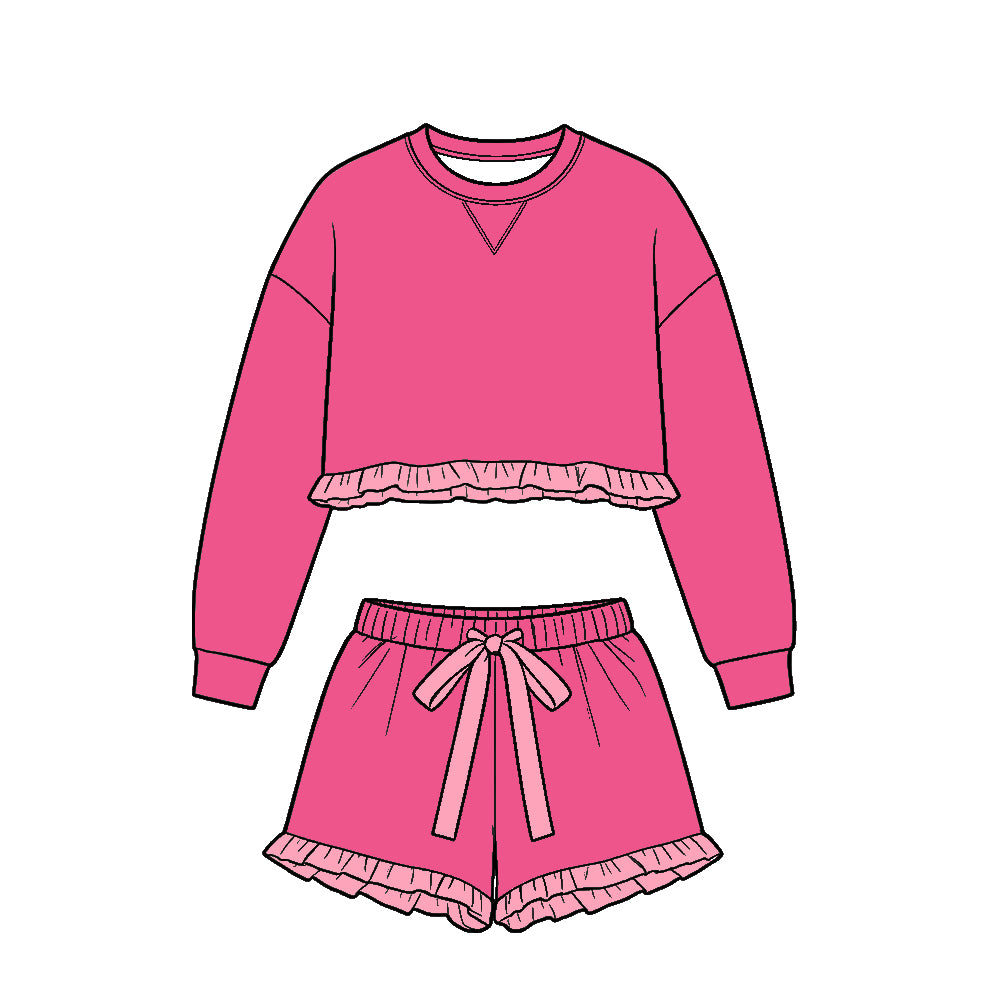 Preorder (moq 5)Baby Girls Hot Pink Long Sleeve Top Ruffle Short Clothes Set