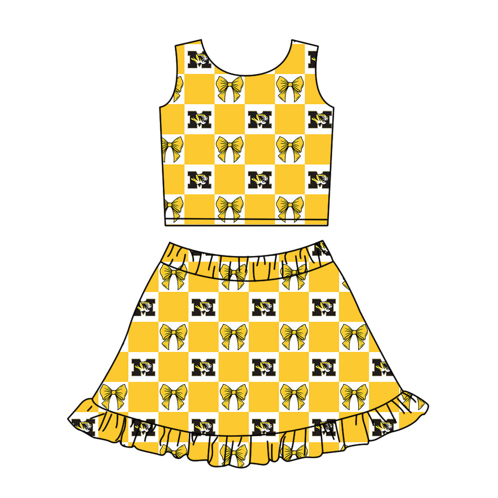 Preorder (moq 5)Baby Girls M Tiger Bows Checked Vests Ruffle Skirt Shorts Team Clothes Sets