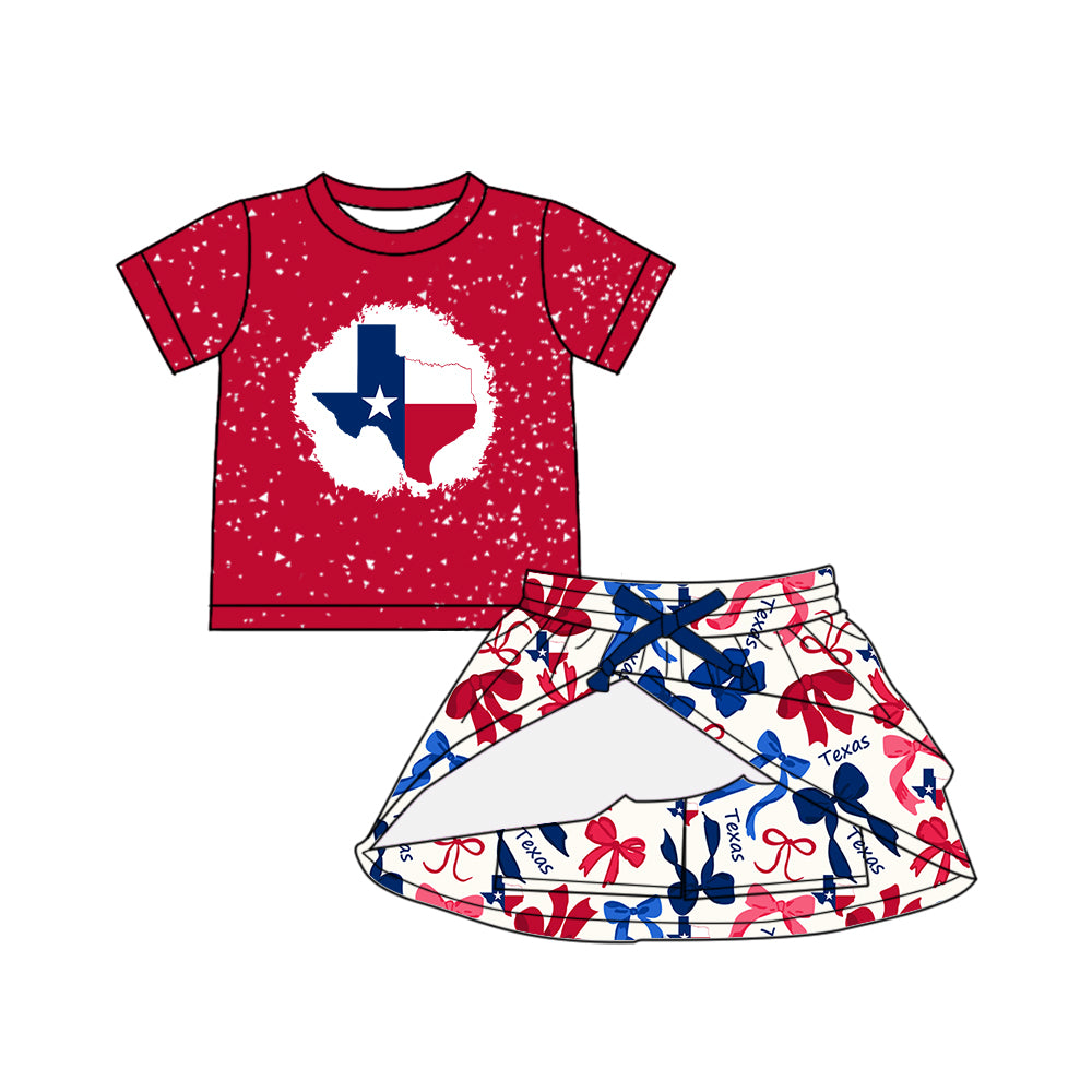Preorder (moq 5)Baby Girls Red Short Sleeves Stars Flag Top Bows Plaid Skorts Team Set