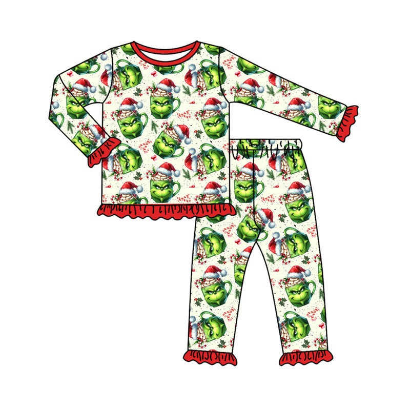 Preorder (moq 5)Baby Girls Green Face Candy Cane Top Pant Christmas Pajamas Set