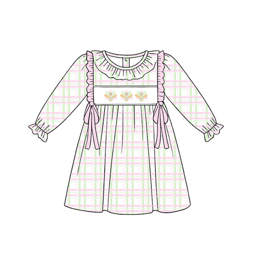 Preorder (moq 5)Baby Girls Pink Checked Turkey Thanksgiving Knee Length Dresses