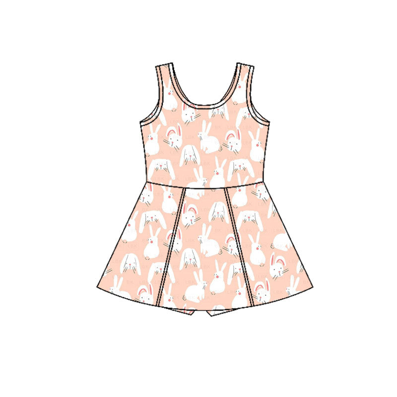 Preorder (moq 5)Baby Girls Pink Rabbits Plaid Easter Shorts Knee Length Dresses