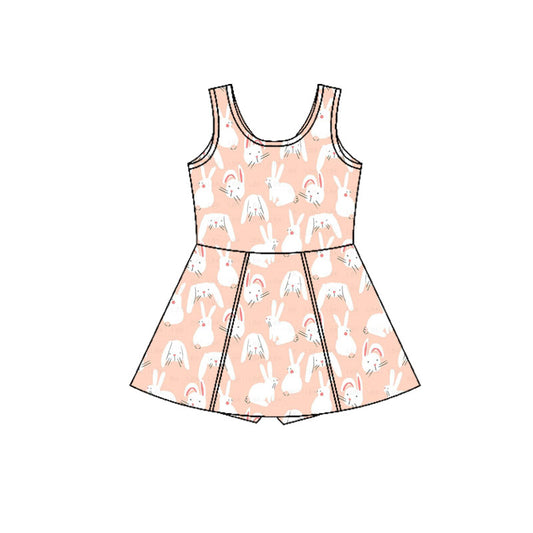 Preorder (moq 5)Baby Girls Pink Rabbits Plaid Easter Shorts Knee Length Dresses