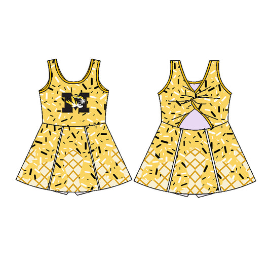 Preorder (moq 5)Baby Girls Yellow Sleeveless Missouri Tiger Drip Shorts Team Knee Length Dresses