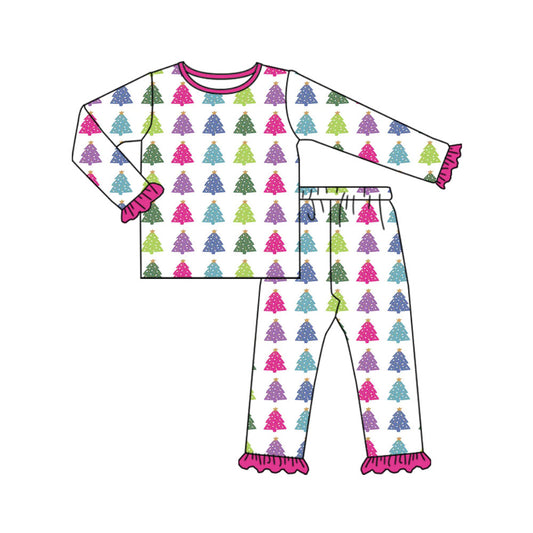 Preorder (moq 5)Baby Girls Colorful Trees Plaid Top Ruffle Pants Christmas Pajamas Sets