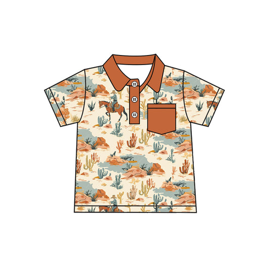 Preorder (moq 5)Baby Boys Khaki Horse Rodeos Short Sleeves Button Pocket Pullovers Tee Shirts