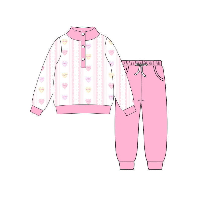 Preorder(moq 5) Baby Girls Hearts Stripe Button Top Pockets Jogger Valentine Clothes Sets