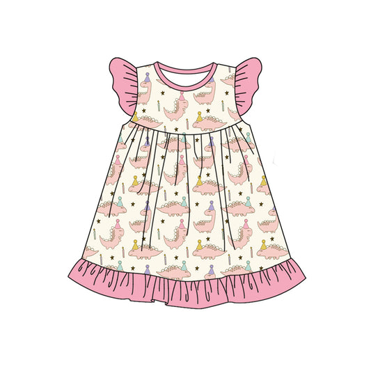 Preorder (moq 5)Baby Girls Dinosaurs Birthday Pearl Knee Length Dresses