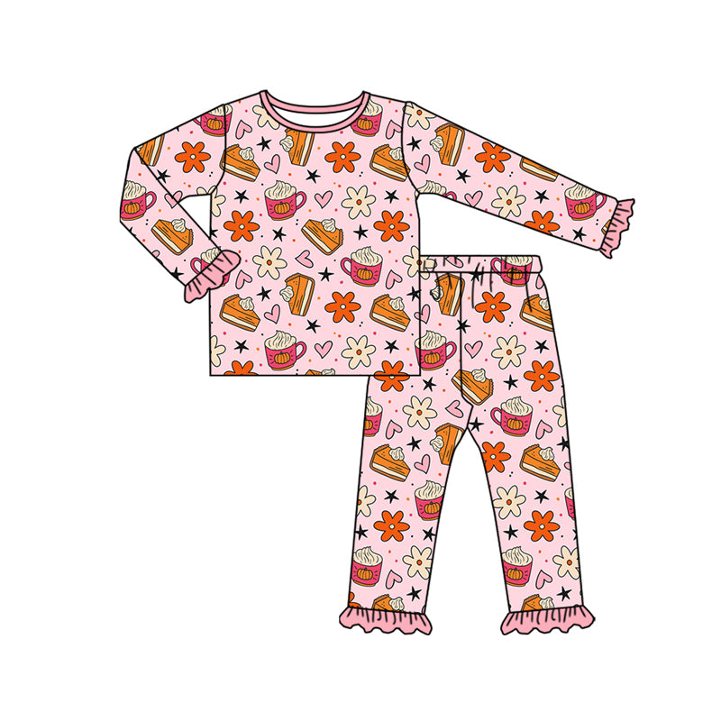 Preorder (moq 5)Baby Girls Pink Flowers Pie Plaid Top Pant Fall Pajamas Set