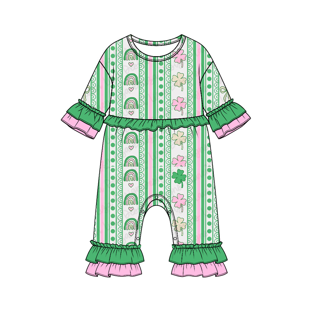 Preorder moq 5 Baby Girls’ St. Patrick’s Day Ruffle Long-Sleeve Romper, Four-Leaf Clover & Rainbow Print Holiday One-Piece Outfit