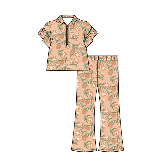 Preorder (moq 5)Baby Girls Colorful Flowers Zip Pullovers Flare Pants Clothes Sets