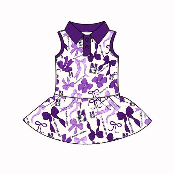 Preorder (moq 5)Baby Girls Sleeveless Purple Bows N Plaid Button Team Knee Length Dresses