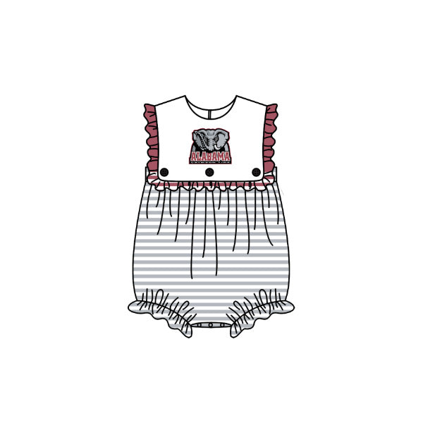 Preorder (moq 5)Baby Girls Sleeveless Grey Stripe Alabama Team Ruffle Rompers